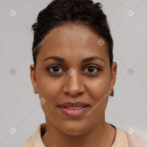 Joyful white young-adult female with short  brown hair and brown eyes