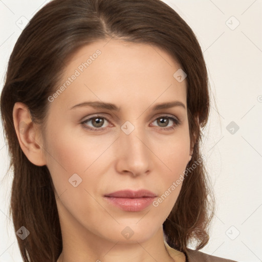 Neutral white young-adult female with medium  brown hair and brown eyes