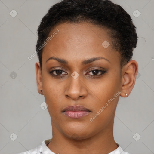 Neutral black young-adult female with short  black hair and brown eyes