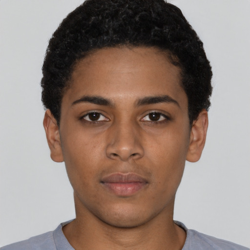 Neutral black young-adult female with short  black hair and brown eyes