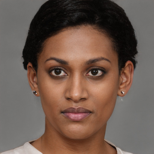 Joyful latino young-adult female with short  black hair and brown eyes