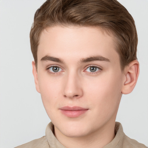 Neutral white young-adult male with short  brown hair and brown eyes