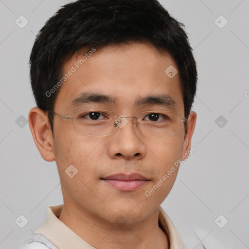 Neutral asian young-adult male with short  brown hair and brown eyes