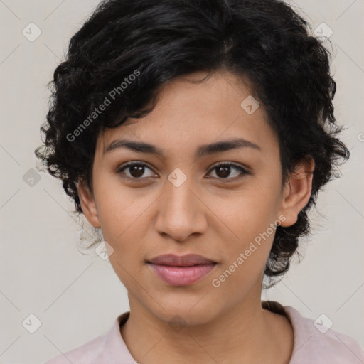 Joyful latino young-adult female with medium  black hair and brown eyes