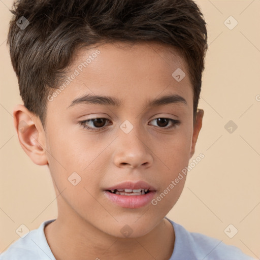 Joyful white child male with short  brown hair and brown eyes