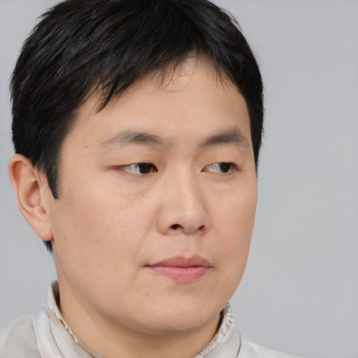 Neutral asian young-adult male with short  brown hair and brown eyes