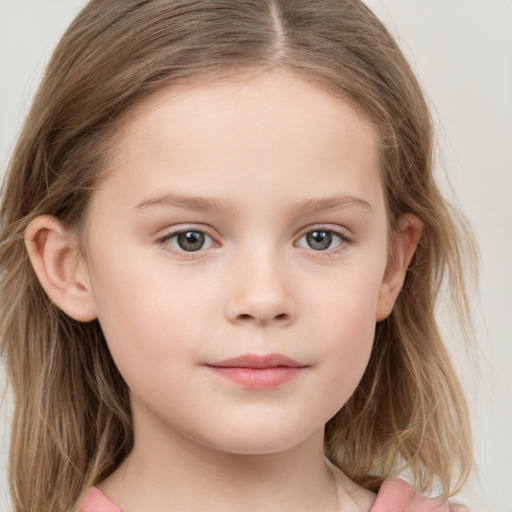 Neutral white child female with medium  brown hair and grey eyes