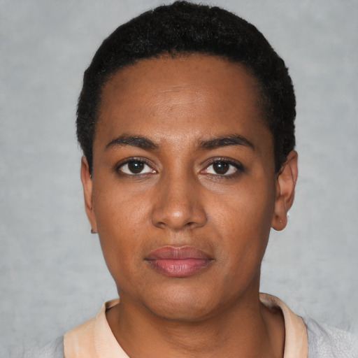 Neutral latino young-adult female with short  black hair and brown eyes