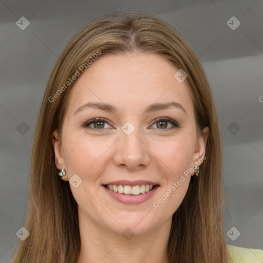 Joyful white young-adult female with long  brown hair and grey eyes