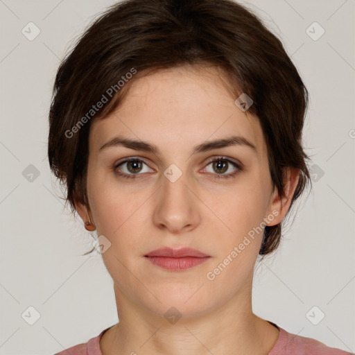 Neutral white young-adult female with short  brown hair and brown eyes