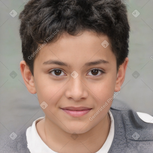 Joyful white child male with short  brown hair and brown eyes