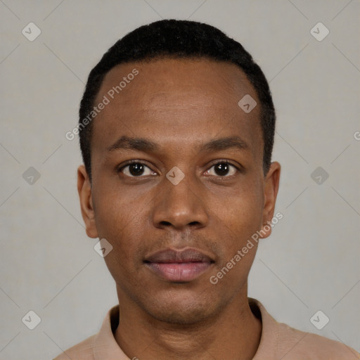Neutral black young-adult male with short  black hair and brown eyes