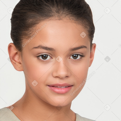 Joyful white child female with short  brown hair and brown eyes