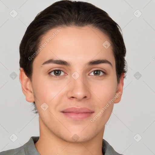 Joyful white young-adult female with short  brown hair and brown eyes