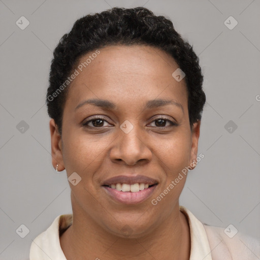 Joyful latino young-adult female with short  brown hair and brown eyes