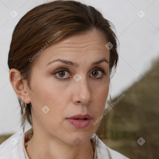 Neutral white young-adult female with medium  brown hair and brown eyes