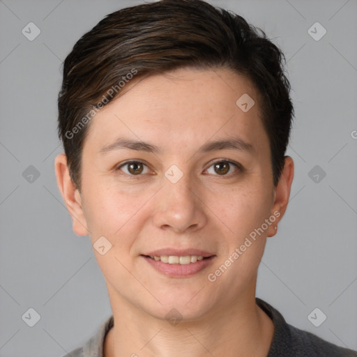 Joyful white young-adult female with short  brown hair and brown eyes