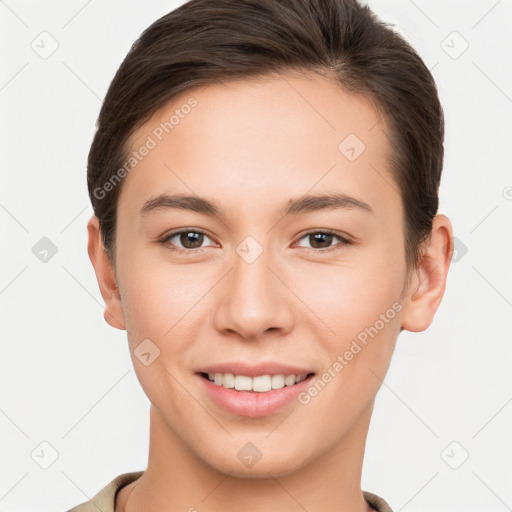 Joyful white young-adult female with short  brown hair and brown eyes