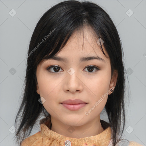 Neutral asian young-adult female with medium  brown hair and brown eyes