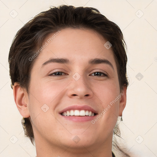 Joyful white young-adult female with short  brown hair and brown eyes