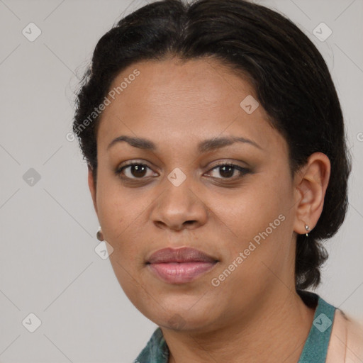 Joyful latino young-adult female with short  brown hair and brown eyes