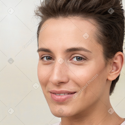 Joyful white young-adult female with short  brown hair and brown eyes