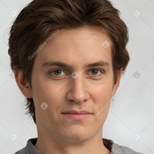 Neutral white young-adult male with short  brown hair and grey eyes