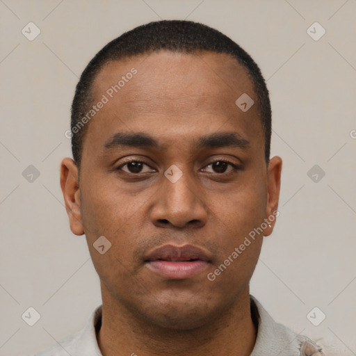 Neutral latino young-adult male with short  black hair and brown eyes