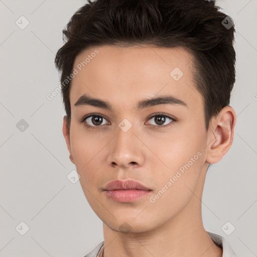 Neutral white young-adult male with short  brown hair and brown eyes