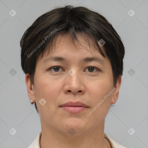 Neutral asian young-adult female with short  brown hair and brown eyes