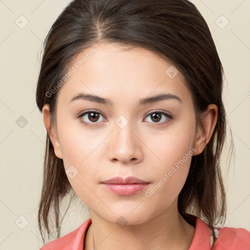 Neutral white young-adult female with medium  brown hair and brown eyes