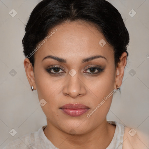 Joyful asian young-adult female with short  brown hair and brown eyes