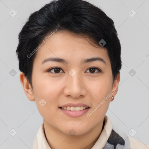 Joyful asian young-adult female with short  brown hair and brown eyes