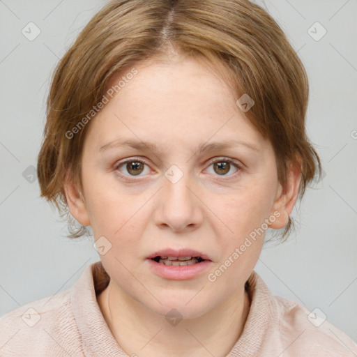 Joyful white young-adult female with medium  brown hair and blue eyes