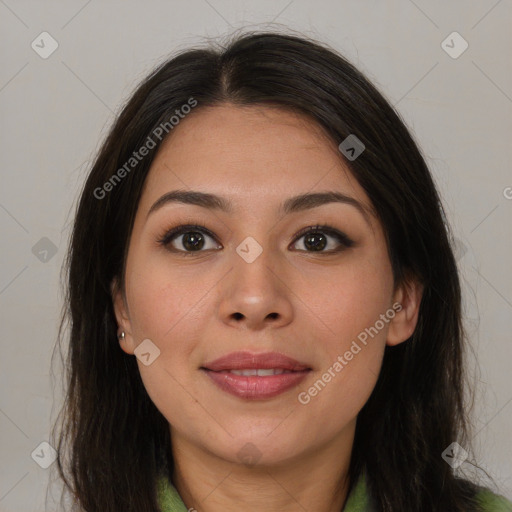 Joyful asian young-adult female with long  brown hair and brown eyes