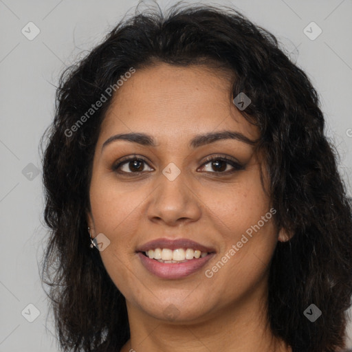 Joyful latino young-adult female with long  brown hair and brown eyes