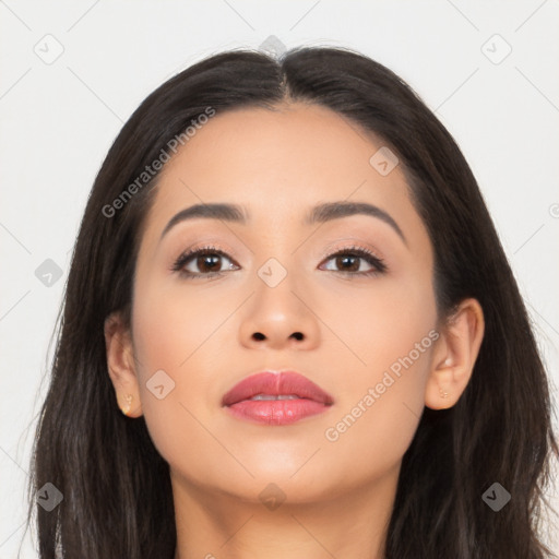 Neutral asian young-adult female with long  black hair and brown eyes