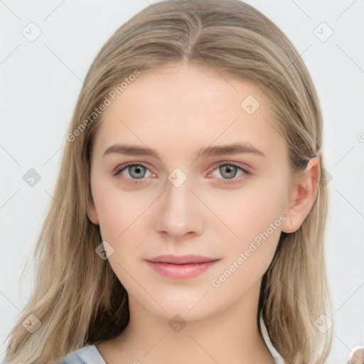 Neutral white young-adult female with long  brown hair and grey eyes