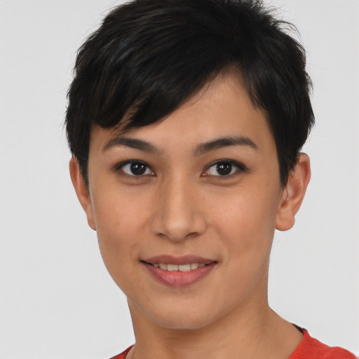 Joyful asian young-adult female with short  brown hair and brown eyes