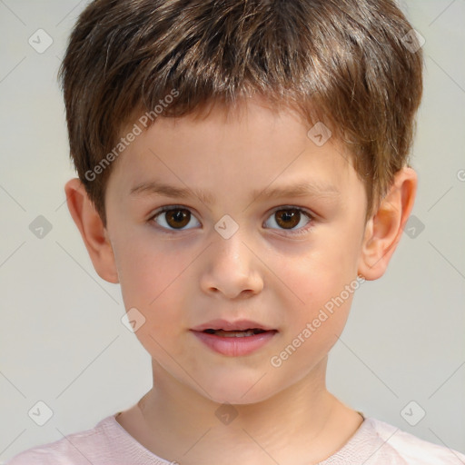 Joyful white child male with short  brown hair and brown eyes