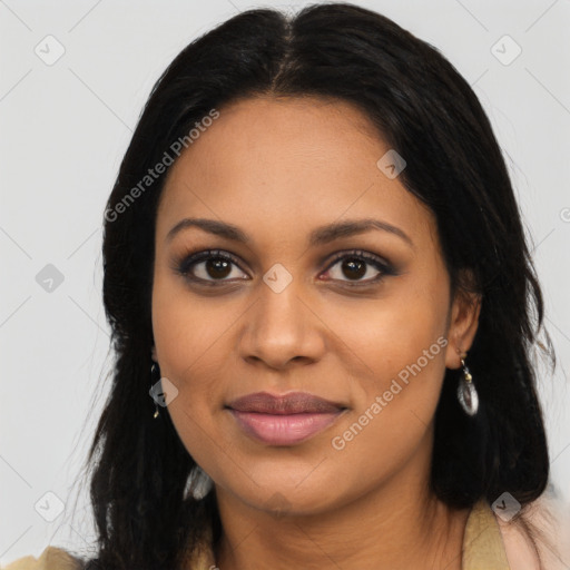 Joyful latino young-adult female with long  black hair and brown eyes