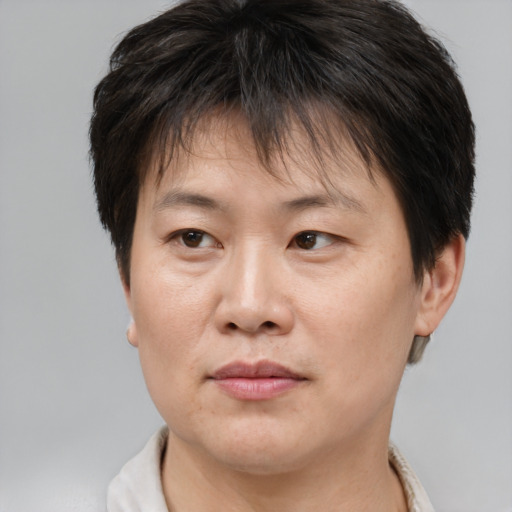 Joyful asian young-adult female with short  brown hair and brown eyes