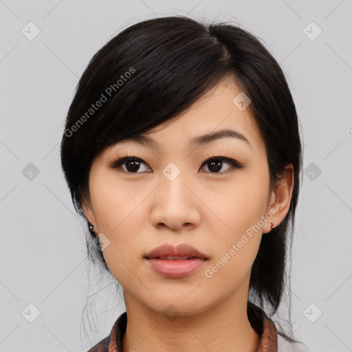 Neutral asian young-adult female with medium  black hair and brown eyes