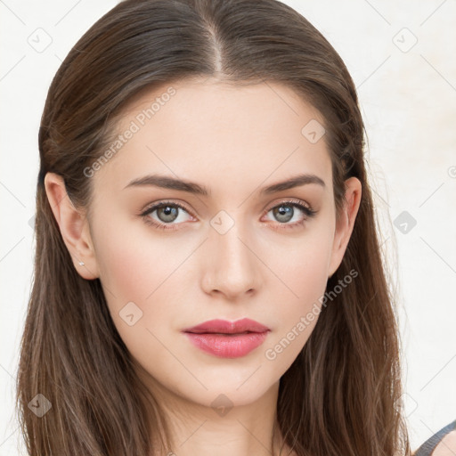 Neutral white young-adult female with long  brown hair and brown eyes