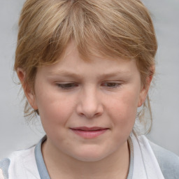 Joyful white child female with medium  brown hair and grey eyes