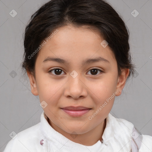 Joyful white child female with medium  brown hair and brown eyes