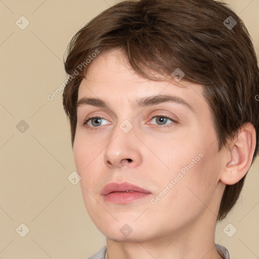 Neutral white young-adult female with short  brown hair and brown eyes