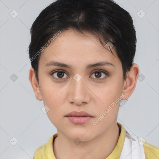 Neutral white young-adult female with short  brown hair and brown eyes