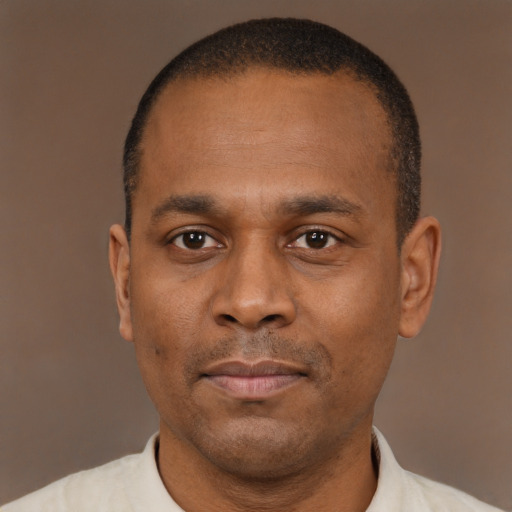 Neutral black adult male with short  brown hair and brown eyes