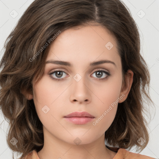 Neutral white young-adult female with medium  brown hair and brown eyes